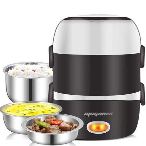 White and silver compact rice cooker viewed from an elevated front angle