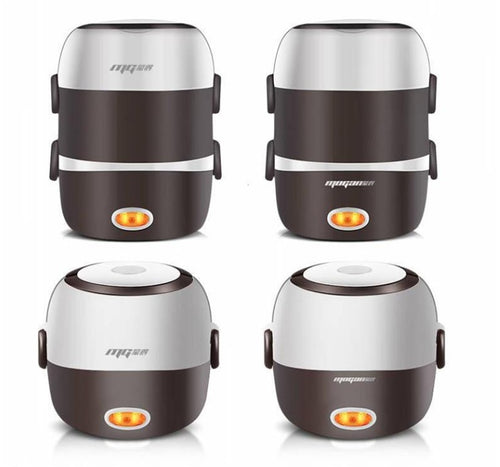 White and silver compact rice cooker viewed from above