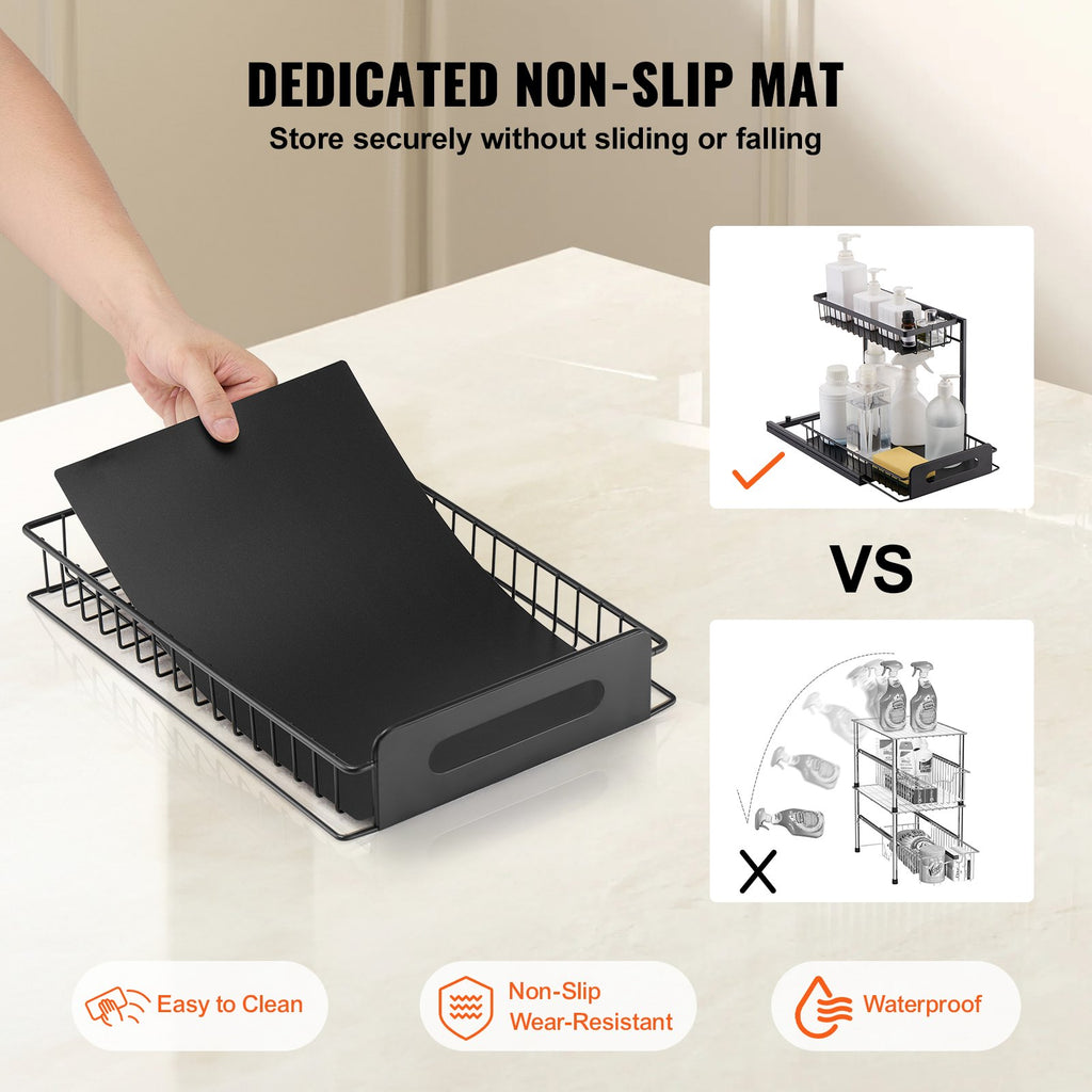 Black 2-tier pull-out cabinet organizer viewed from an elevated side angle