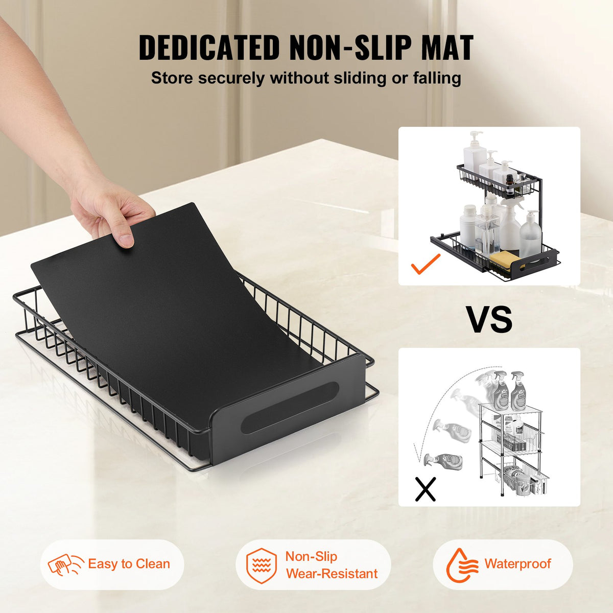 Black 2-tier pull-out cabinet organizer viewed from an elevated side angle
