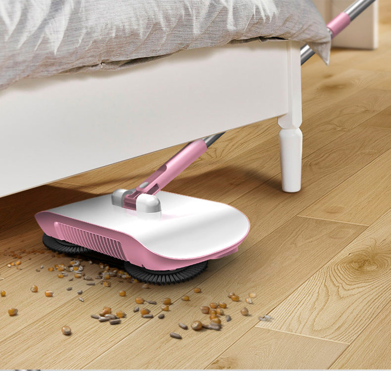 Blue 3-in-1 hand push sweeper with long handle on white background
