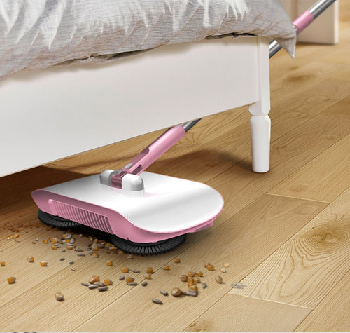 Blue 3-in-1 hand push sweeper with long handle on white background