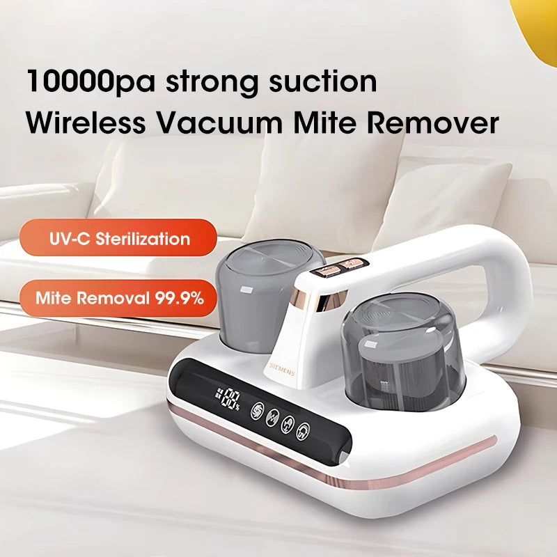 Person holding cordless mattress vacuum cleaner showing front and top