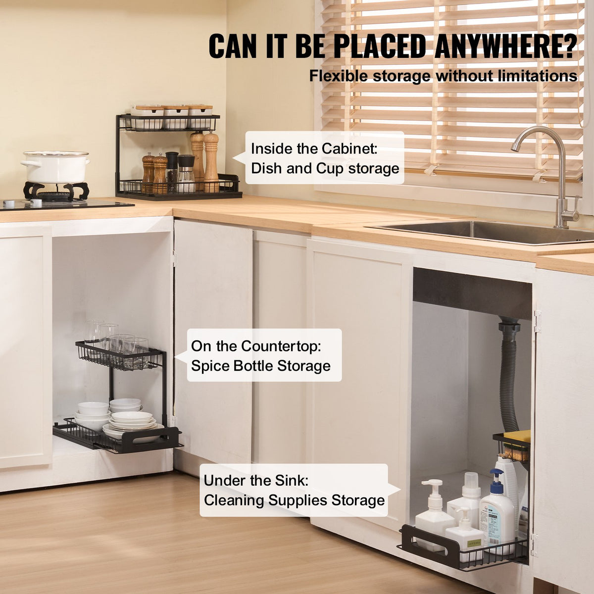 Black 2-tier pull-out cabinet organizer on a white countertop