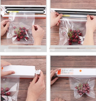 Vacuum sealing machine removing air from a plastic food storage bag