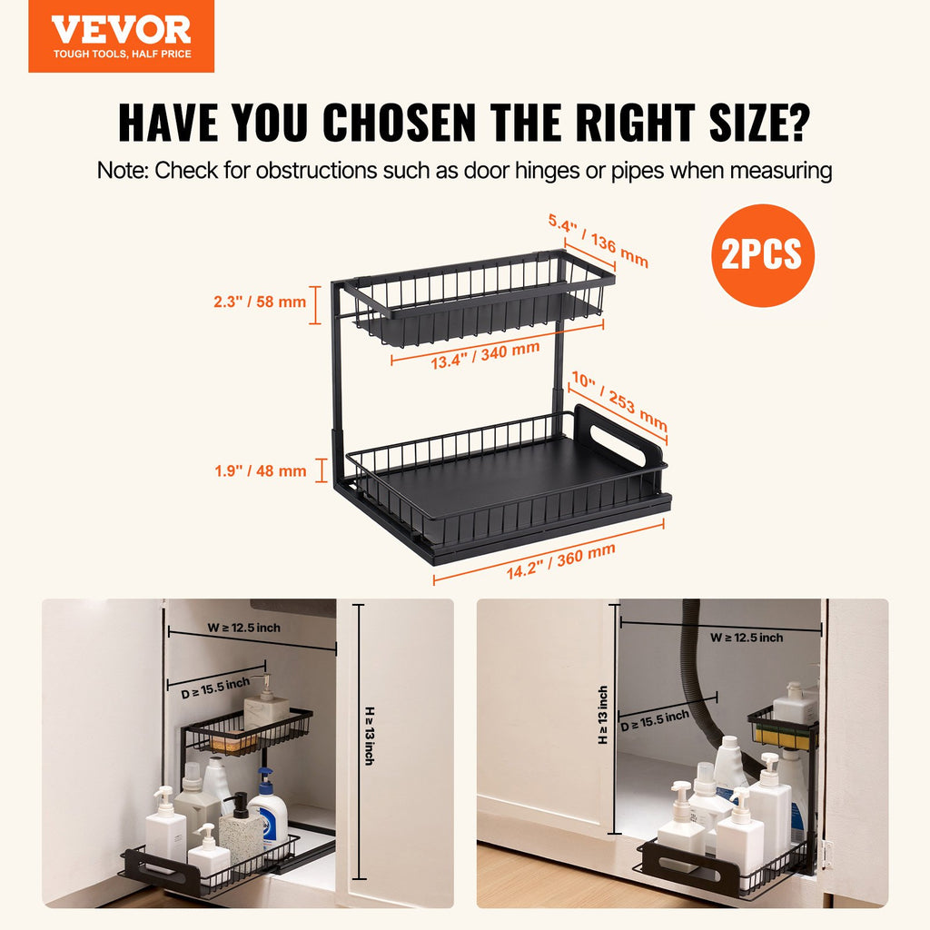Black 2-tier pull-out cabinet organizer inside a white cabinet