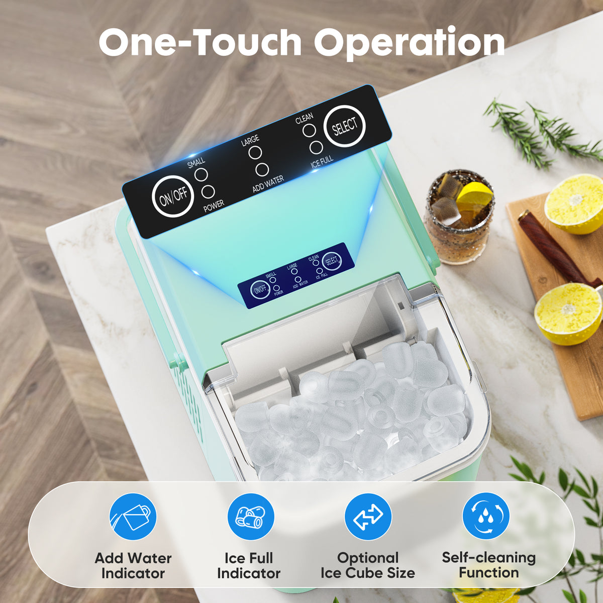 Green portable ice maker for cold drinks and everyday use