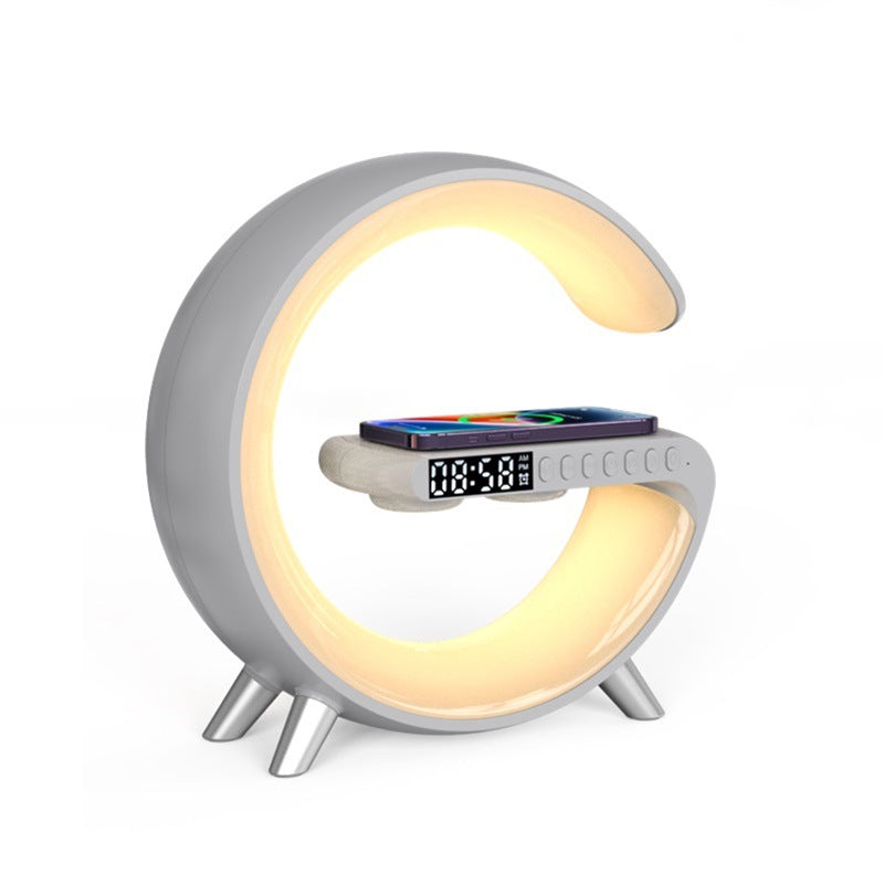 Wood-tone G-shaped Bluetooth LED lamp and wireless charger