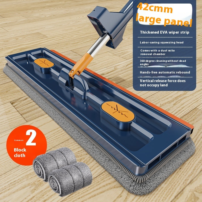 Blue flat mop with mop head flat against a surface