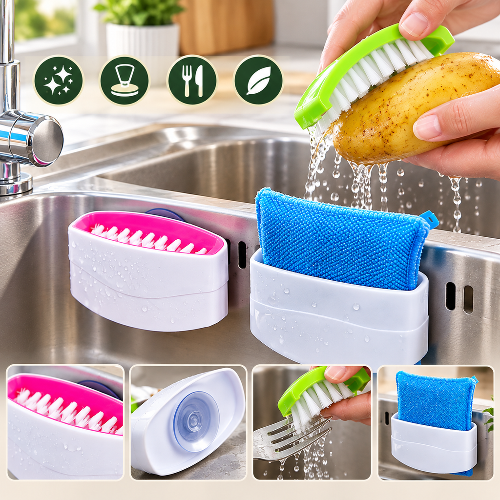 Kitchen Utensil Cleaning Brush with Suction Base – Compact Sink Brush