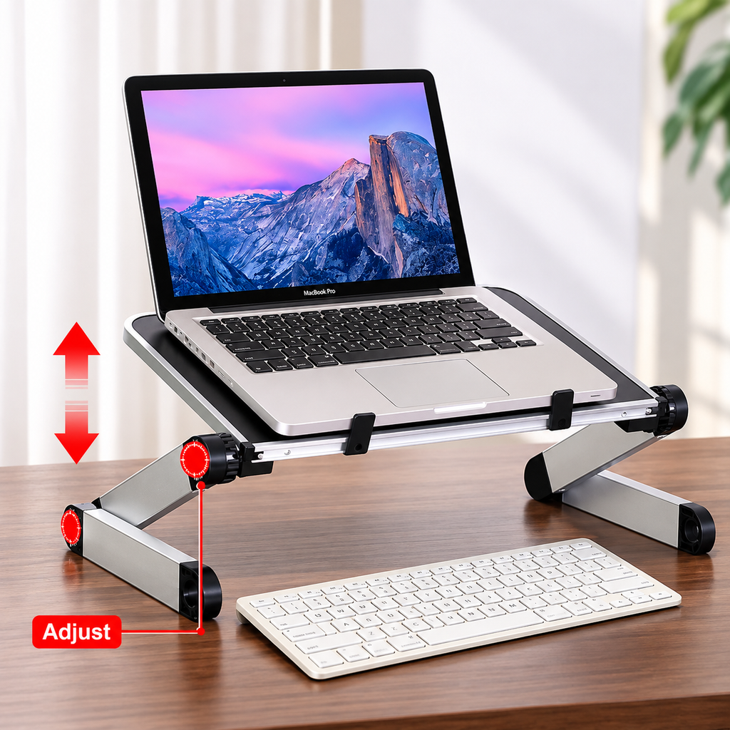 Adjustable foldable laptop stand on a desk