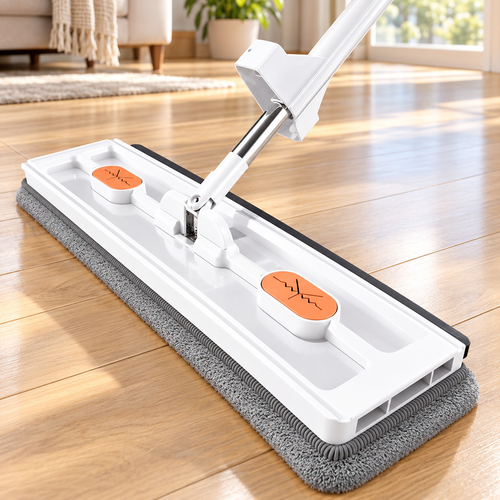360° rotating flat mop with self-wringing scraper and long handle