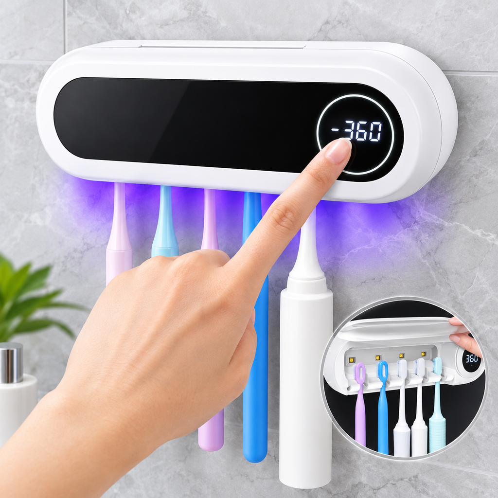 Wall-Mounted UV Toothbrush Sanitizer Holder – 5-Brush Storage, USB-C Rechargeable