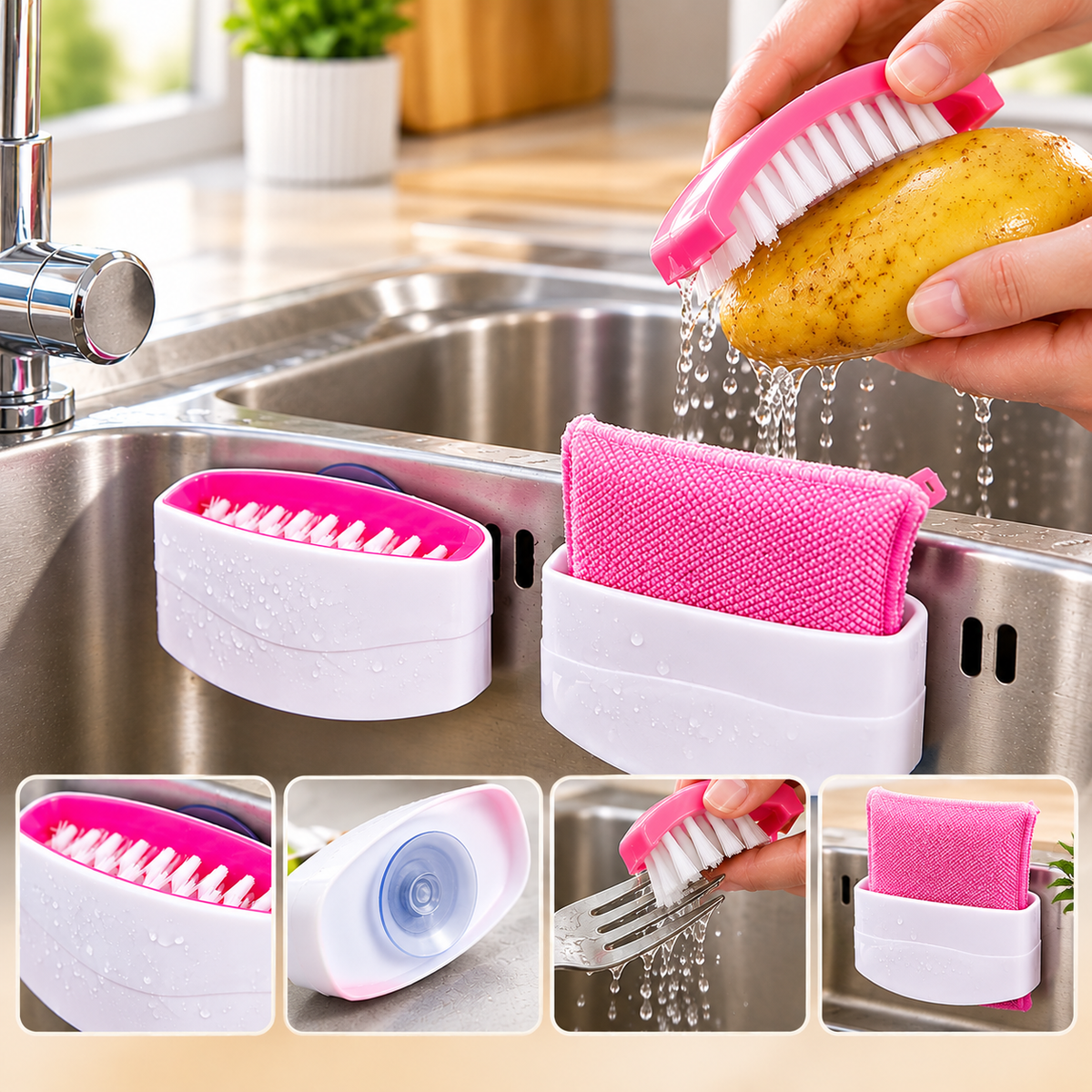 Kitchen Utensil Cleaning Brush with Suction Base – Compact Sink Brush