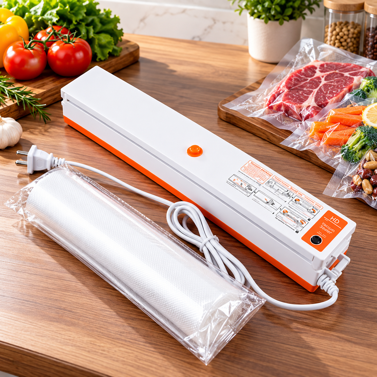 White and orange vacuum sealing machine with sealing roll and power cord on a wooden countertop