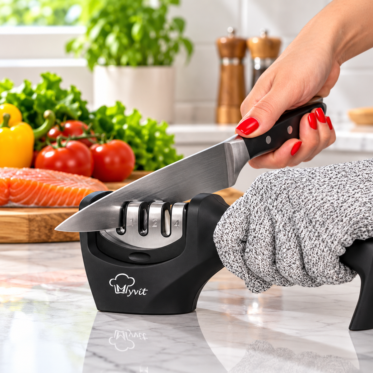 Black 4-stage kitchen knife sharpener sharpening a chef’s knife on a countertop