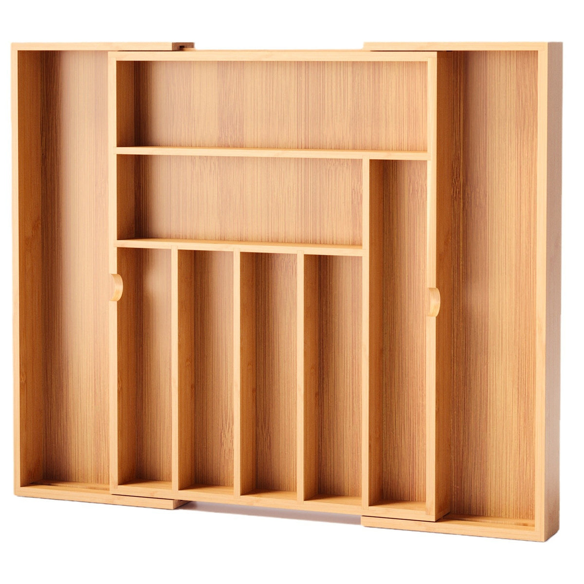 Bamboo drawer organizer with 5+2 compartments viewed from the front with contents