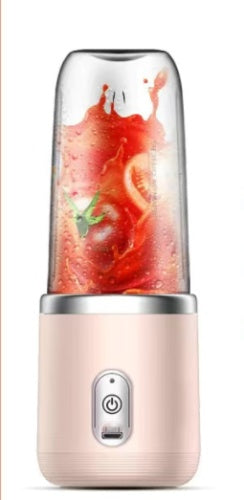 Pink portable blender with white lid and dark blue lid beside it