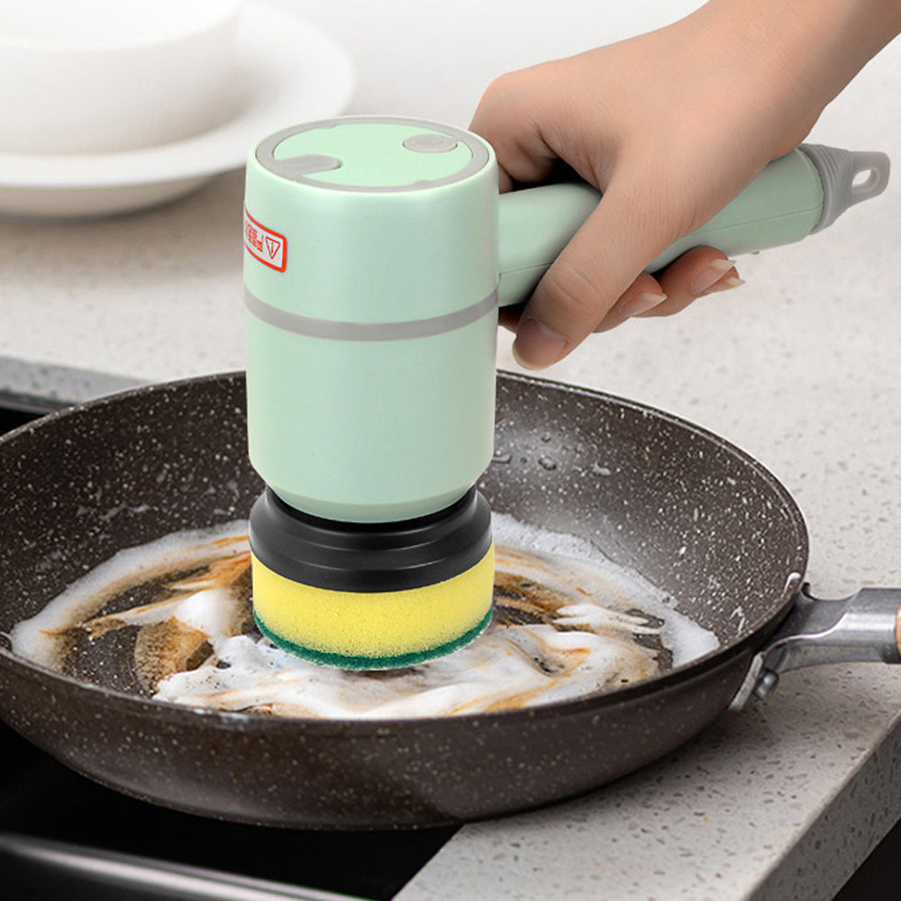 Close-up of green electric cleaning brush handle and brush head