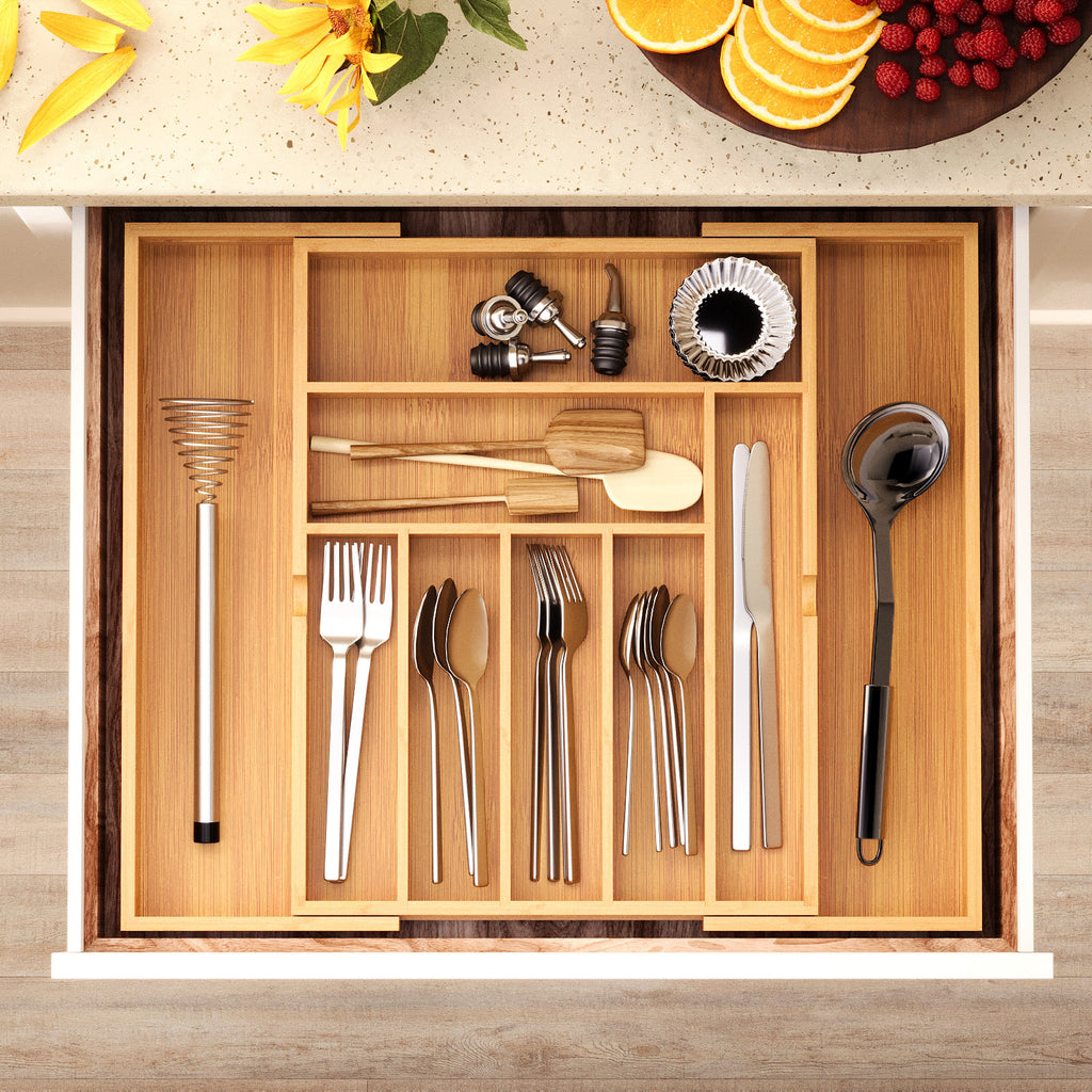 Bamboo drawer organizer with 5+2 compartments viewed from above