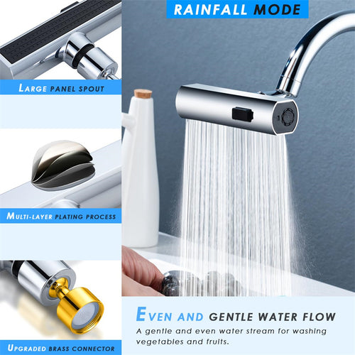 Close-up of black faucet sprayer head showing spray patterns
