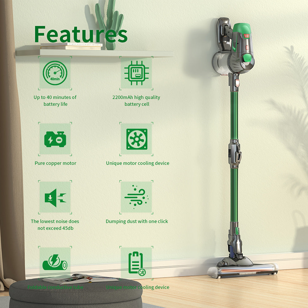 Close-up of cordless handheld vacuum nozzle with foldable tube
