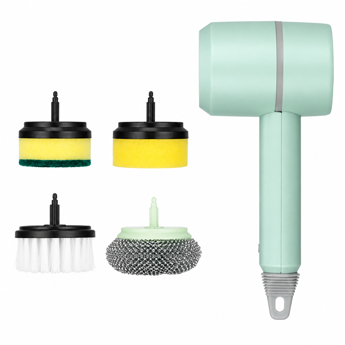 Green electric cleaning brush with four interchangeable brush heads