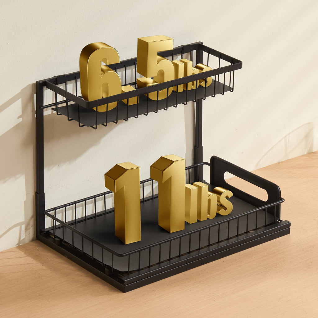 Black 2-tier pull-out cabinet organizer viewed from the front