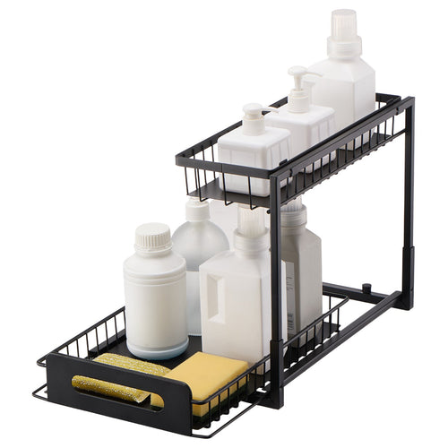 Black 2-tier pull-out cabinet organizer with top drawer extended